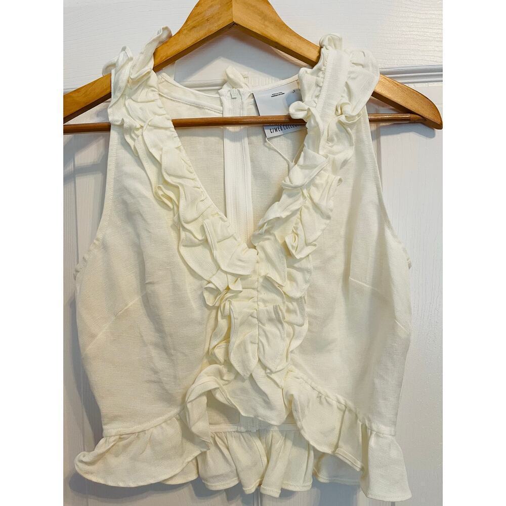 C/MEO Collective Linen Blend Cropped Ruffle Tank Blouse size S NWT Ivory - Picture 10 of 11